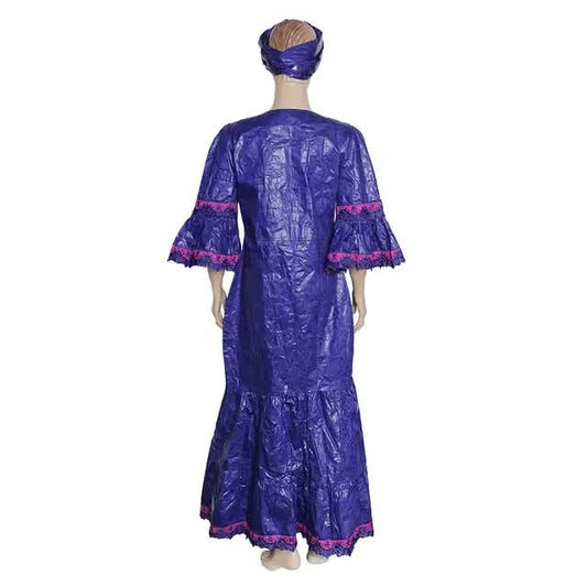Blue Embroidered Bazin Rich peplum Maxi Dress + Headpiece