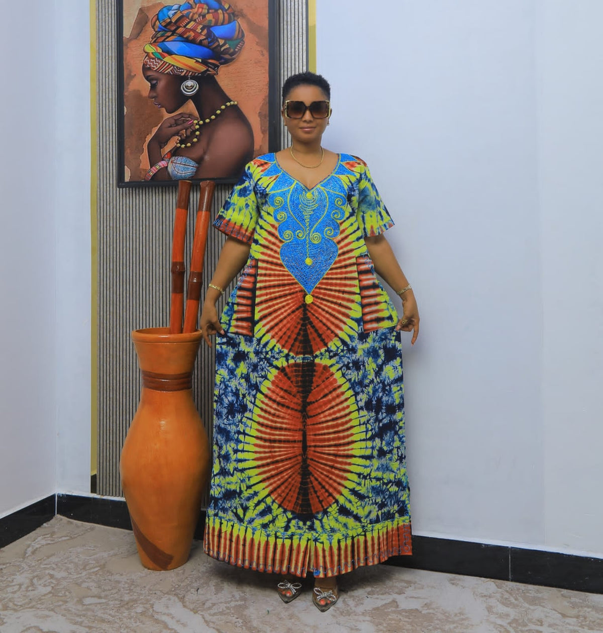 Women’s African Print Maxi Dress – Orange & Blue or Green & Blue