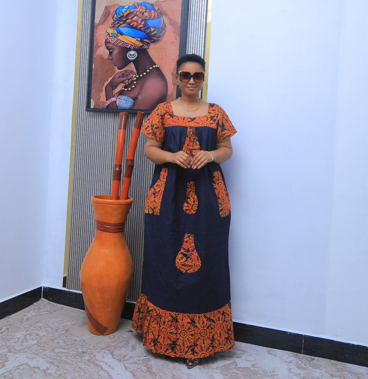 Elegant African Navy Print Maxi Dress