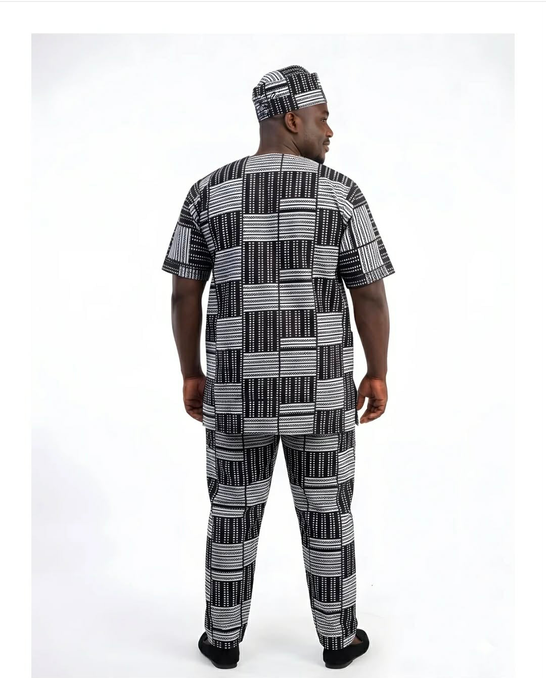 Men’s African Print 3-Piece Traditional Set – Black & White