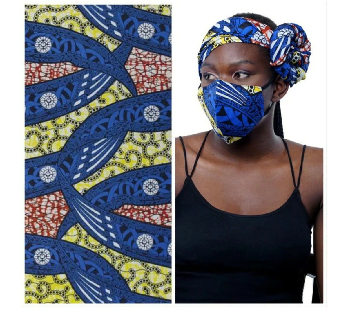 African Print Headtie Set with Matching Face Mask