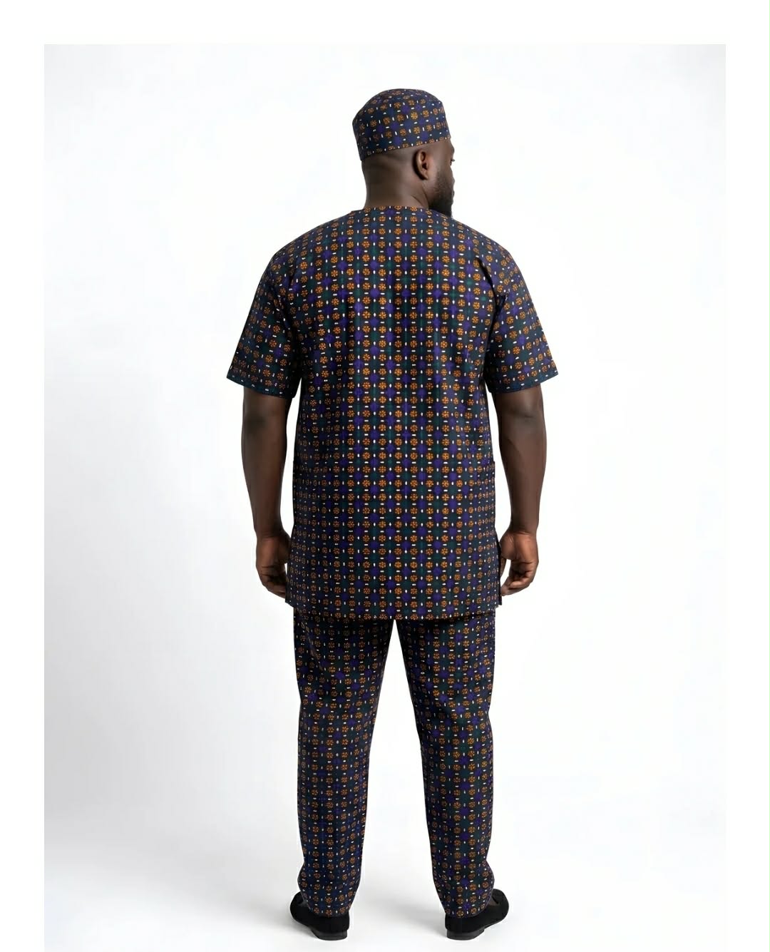 Men’s African Print 3-Piece Traditional Set – Navy Blue & Orange Print
