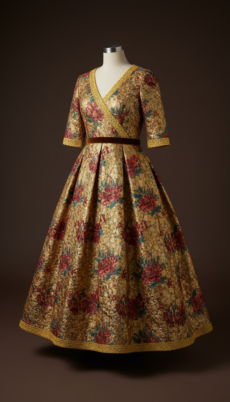 Women's Gold Brocade Dress with Fluted Sleeves
