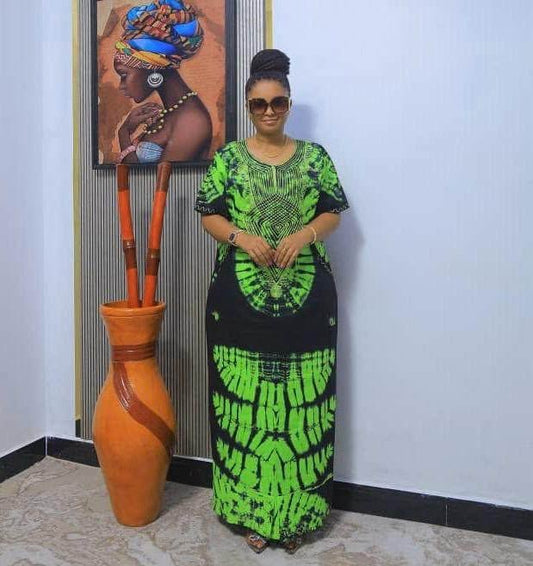 Women’s African Print Maxi Dress – Green, Orange or Gold & Black