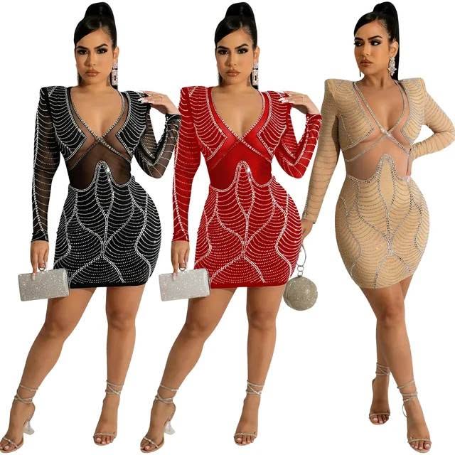 Women’s Rhinestone Mesh Mini Dress – Red or Black