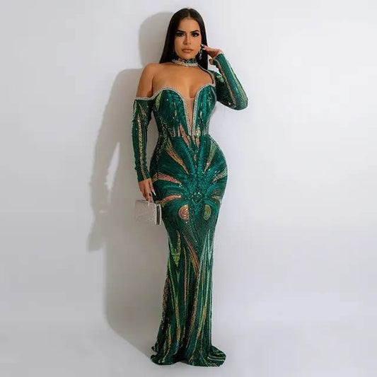 Women’s Sequin Rhinestone Evening Gown – Green, Blue or Red