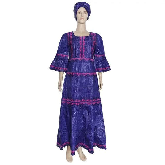 Blue Embroidered Bazin Rich peplum Maxi Dress + Headpiece