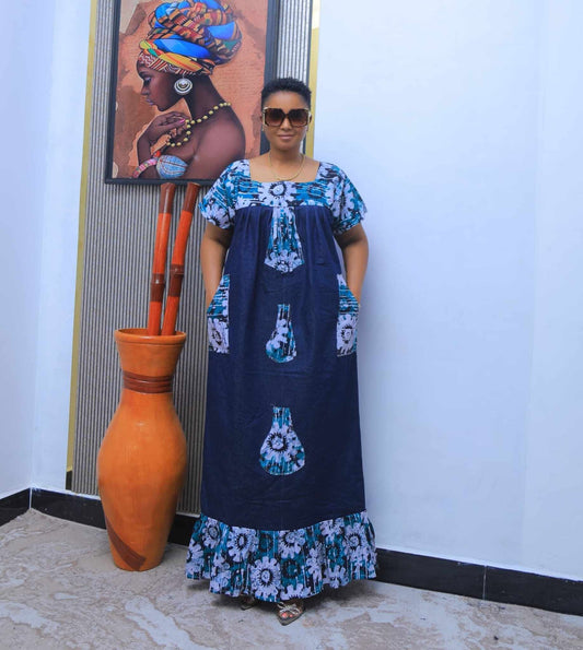 Elegant African Navy Print Maxi Dress