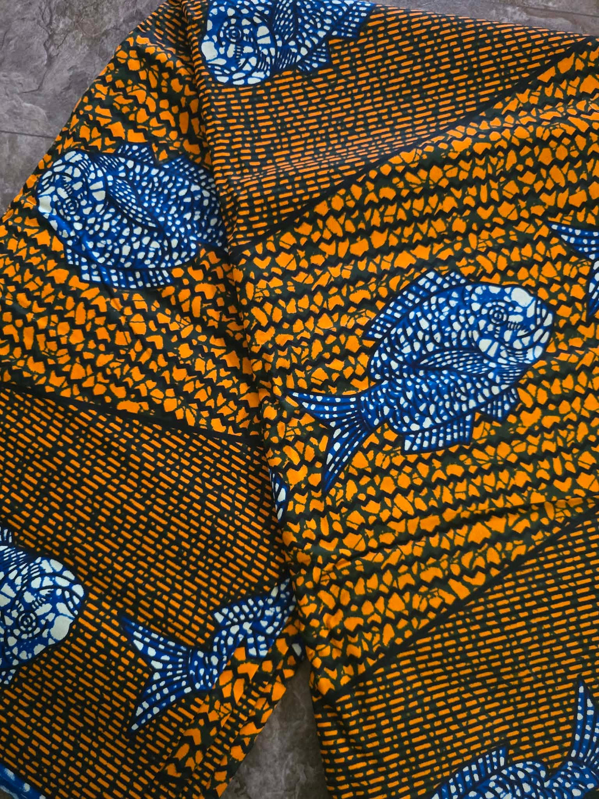 Orange, Royal Blue & Black Ankara Wax Print Fabric – Fish Pattern