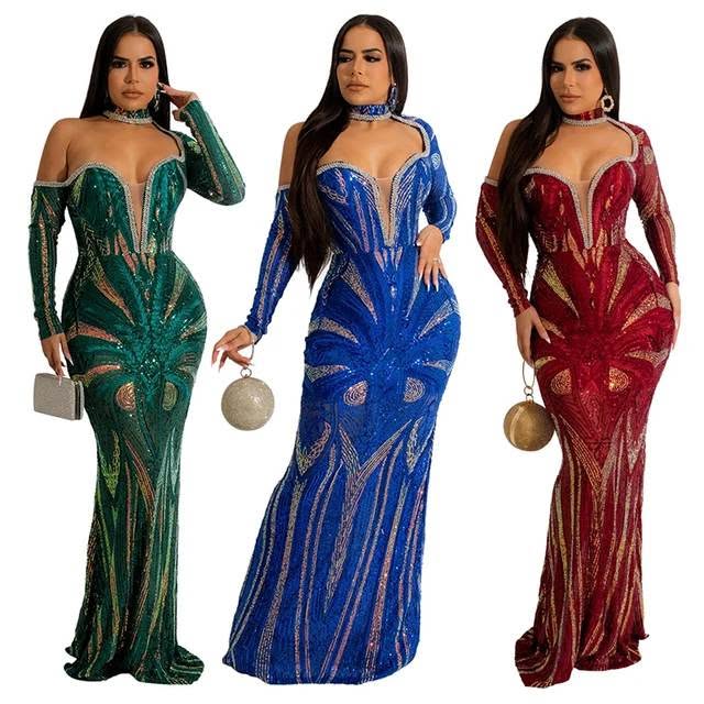 Women’s Sequin Rhinestone Evening Gown – Green, Blue or Red