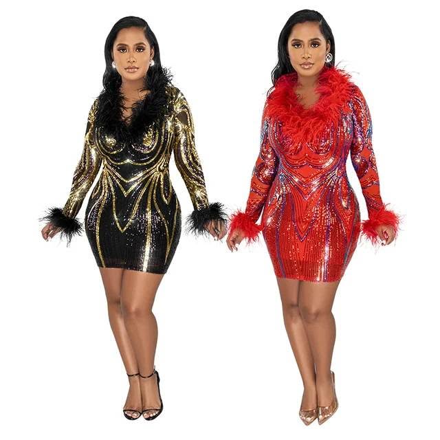 Women’s Glamorous Sequin Feather Mini Dress – Red or Black/Gold