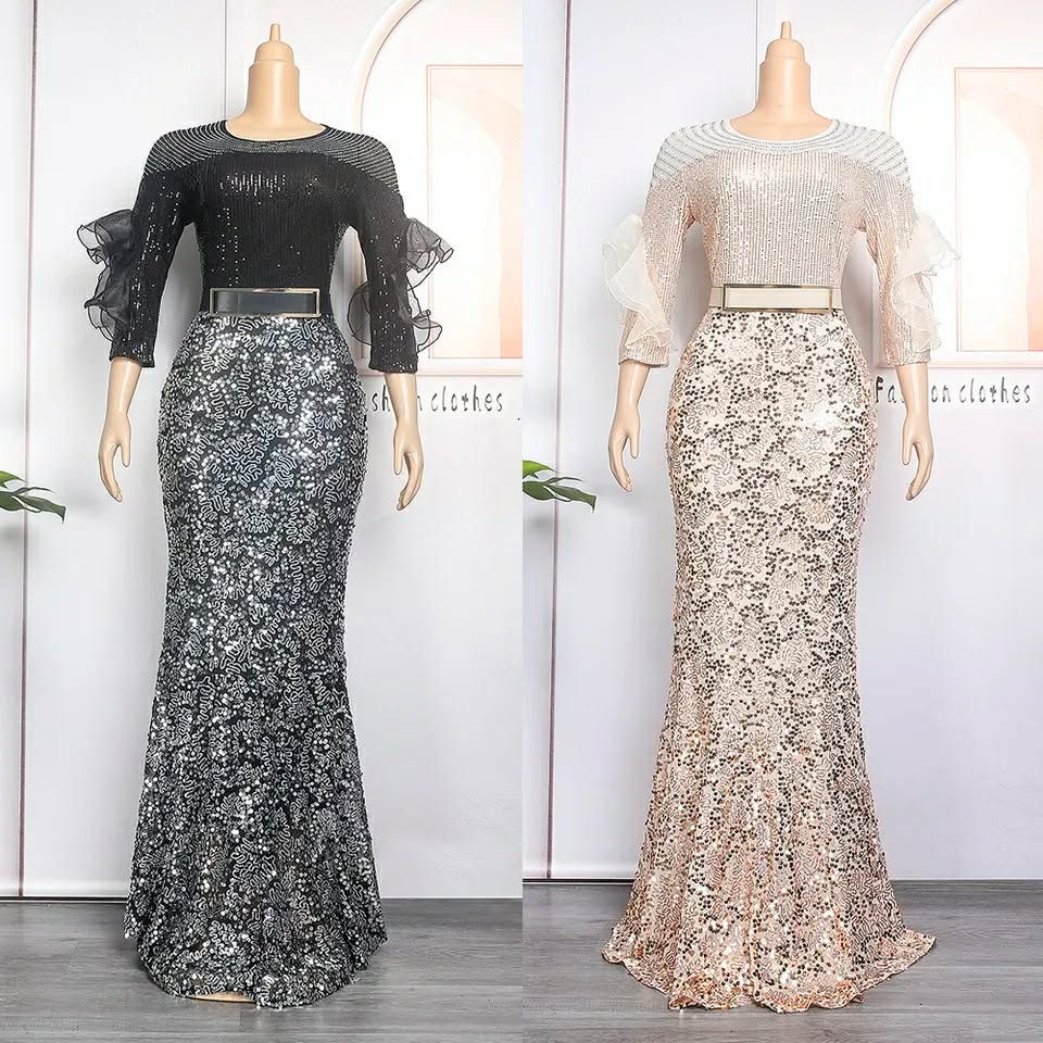 Women’s Sequin Ruffle Sleeve Maxi Dress – Black/Silver or Champagne/Gold