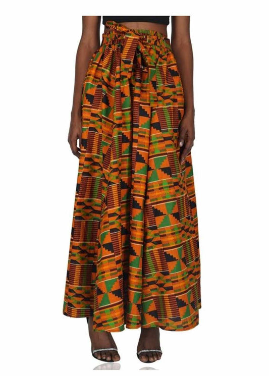 Women’s African Print Maxi Skirt – Orange & Black