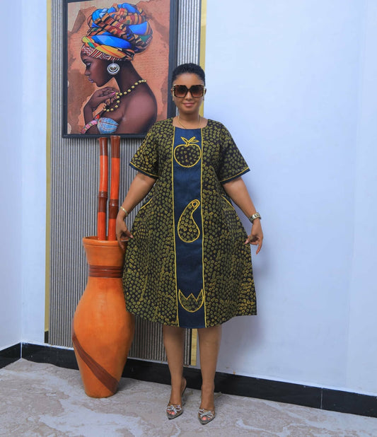 Elegant African Navy Blue & Gold Embroidered Midi Dress