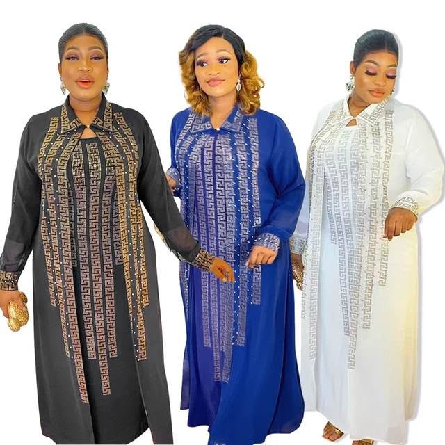Women’s Embellished Geometric Maxi Kaftan Dress – Black, Blue or White
