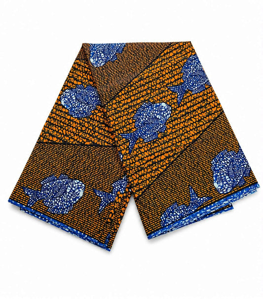 Orange, Royal Blue & Black Ankara Wax Print Fabric – Fish Pattern