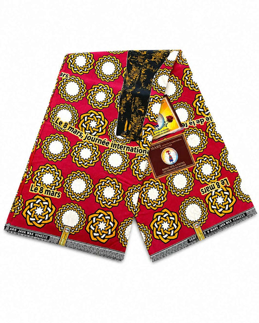 Red, Gold & White Ankara Wax Print Fabric – Circular Pattern