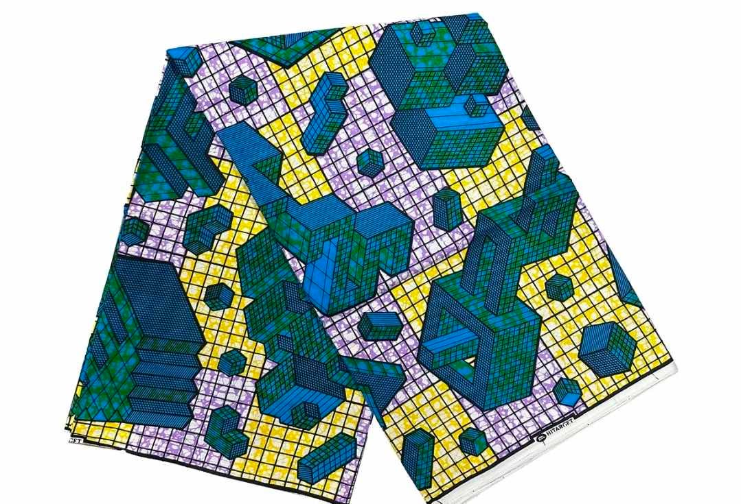 Geometric Ankara Wax Print Fabric – Blue, Green & Yellow