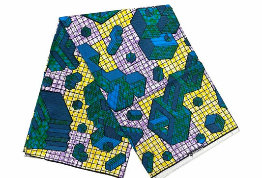 Geometric Ankara Wax Print Fabric – Blue, Green & Yellow