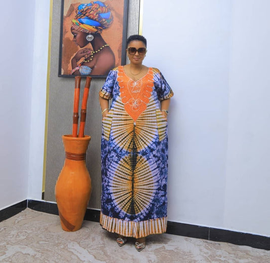 Women’s African Print Maxi Dress – Orange & Blue or Green & Blue