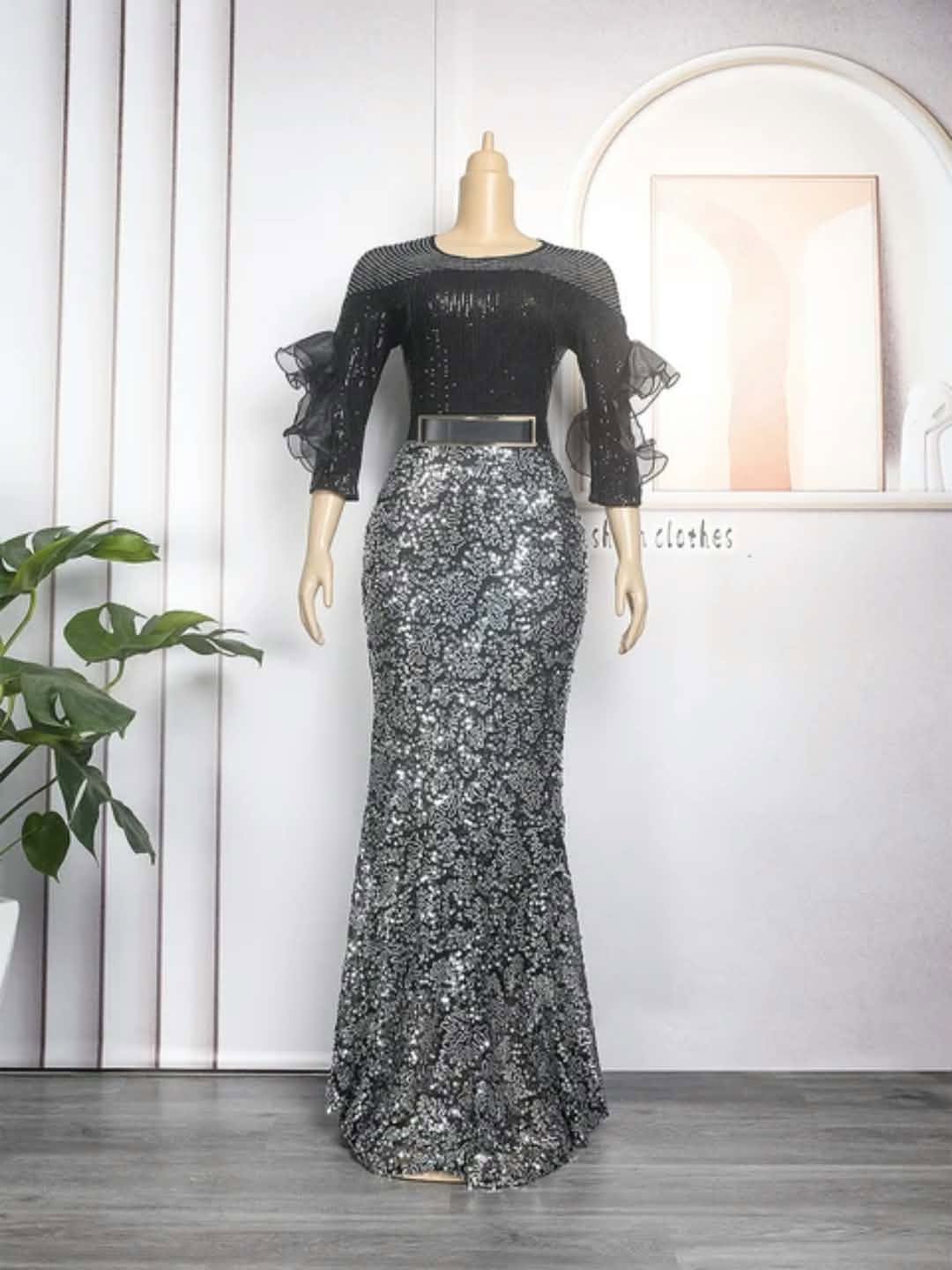 Women’s Sequin Ruffle Sleeve Maxi Dress – Black/Silver or Champagne/Gold