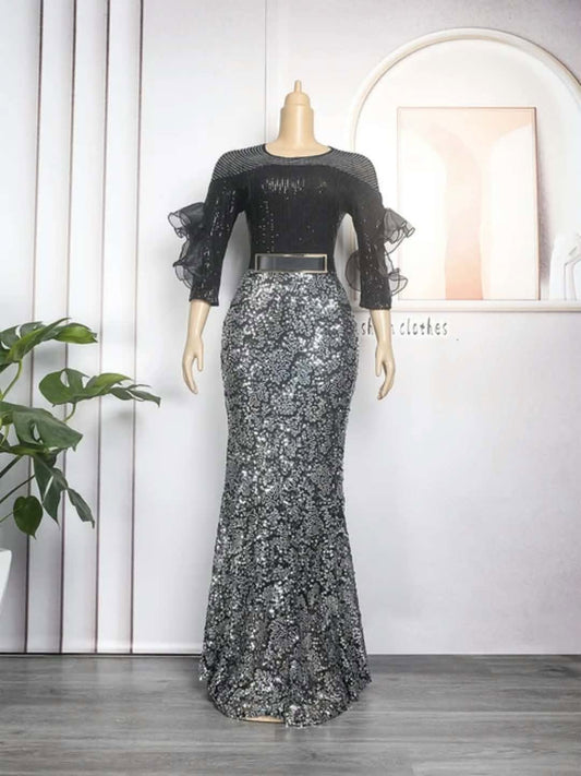 Women’s Sequin Ruffle Sleeve Maxi Dress – Black/Silver or Champagne/Gold