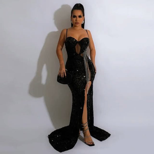 Women’s Sequin High-Slit Evening Gown – Black or Red