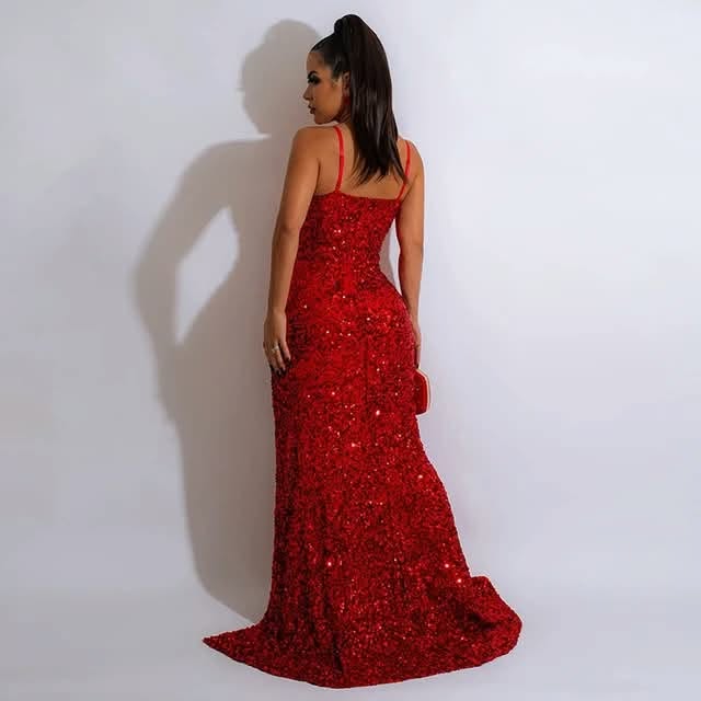 Women’s Sequin High-Slit Evening Gown – Black or Red