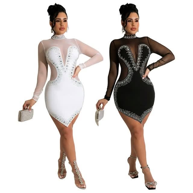 Women’s Rhinestone Mesh Mini Dress – Black or White