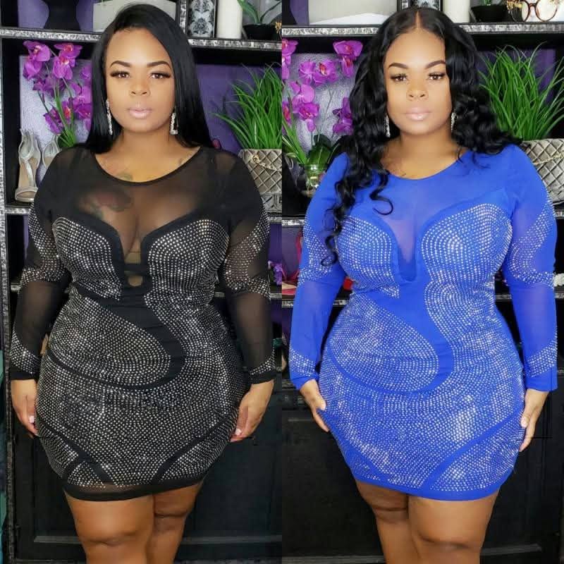 Women’s Rhinestone Mesh Mini Dress – Blue or Black