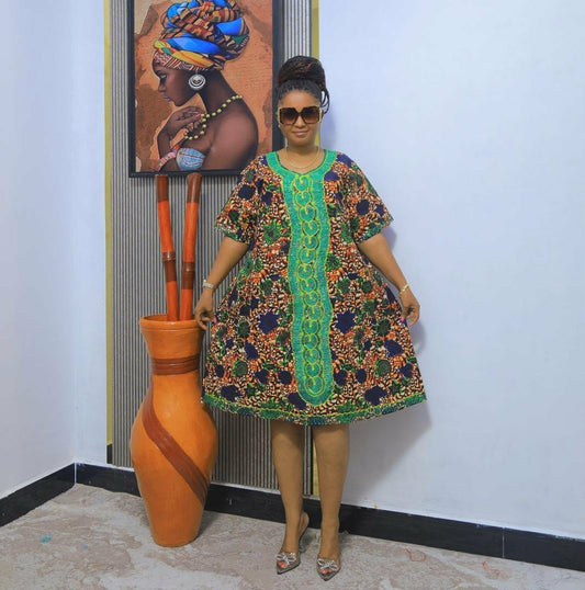 Elegant African Green, Orange, Navy Embroidered Midi Dress