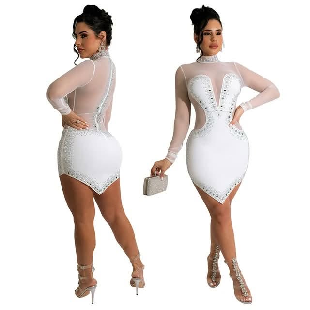 Women’s Rhinestone Mesh Mini Dress – Black or White