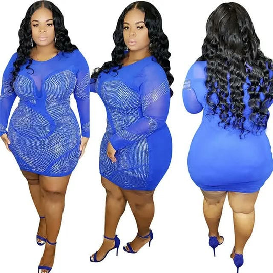 Women’s Rhinestone Mesh Mini Dress – Blue or Black