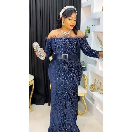 Women’s Navy Blue Sequin Off-Shoulder Maxi Gown