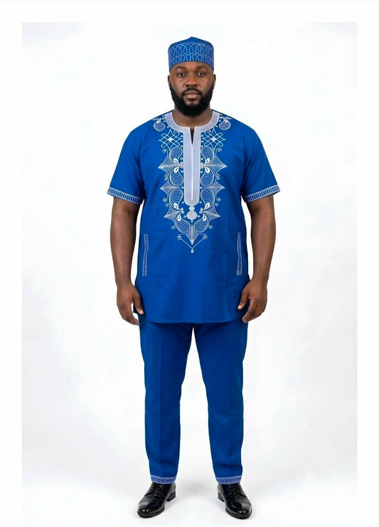 Royal Blue African Men's 3-Piece Embroidered Set