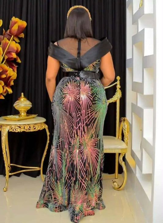 Women’s Multicolor Sequin Off-Shoulder Maxi Gown – Black