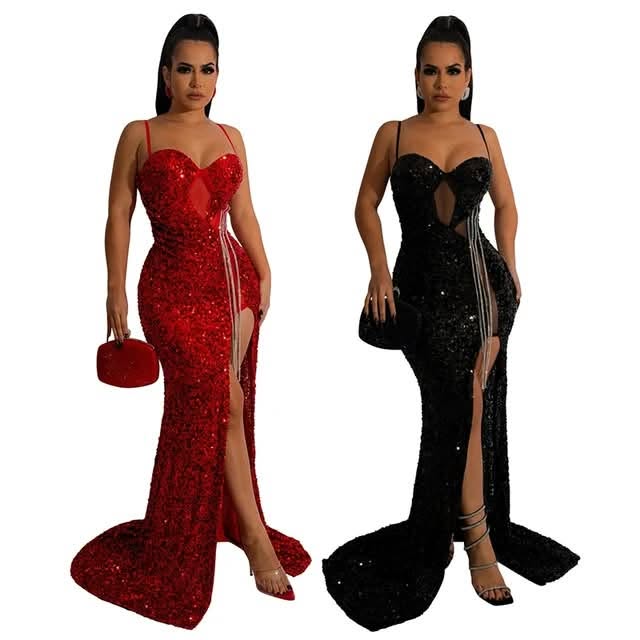 Women’s Sequin High-Slit Evening Gown – Black or Red