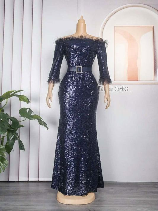 Women’s Navy Blue Sequin Off-Shoulder Maxi Gown
