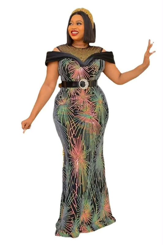 Women’s Multicolor Sequin Off-Shoulder Maxi Gown – Black