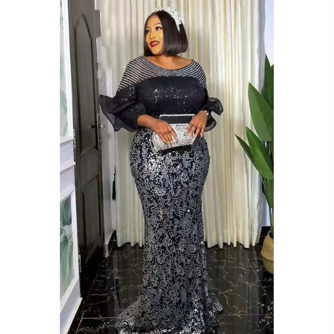 Women’s Sequin Ruffle Sleeve Maxi Dress – Black/Silver or Champagne/Gold