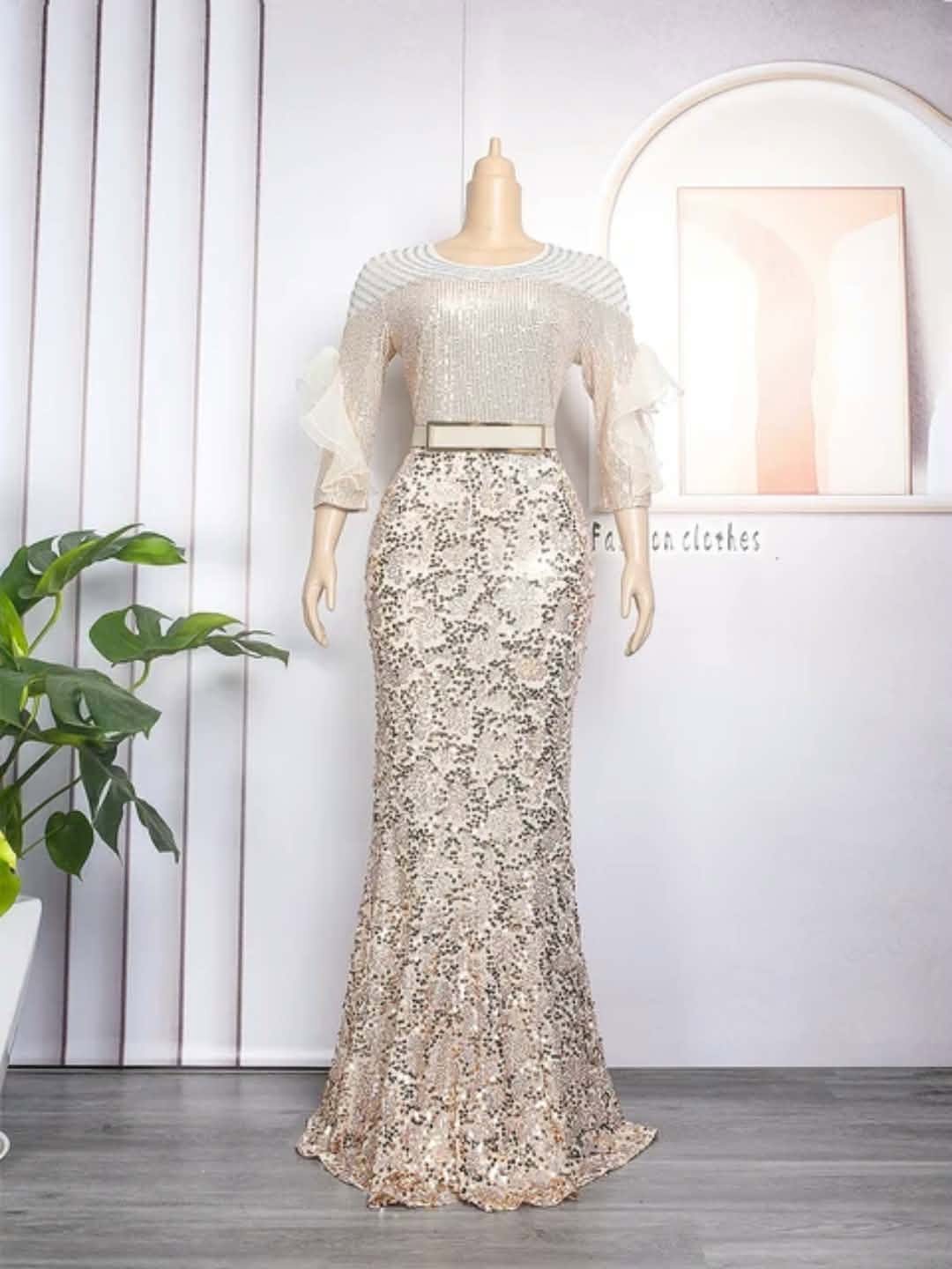 Women’s Sequin Ruffle Sleeve Maxi Dress – Black/Silver or Champagne/Gold