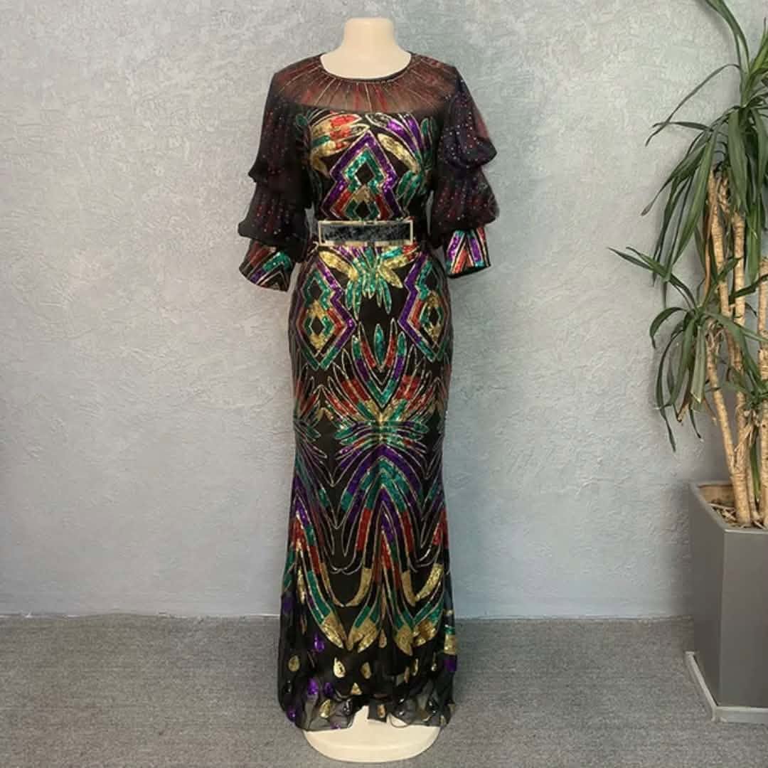 Women’s Multicolor Sequin Ruffle Maxi Dress – Black