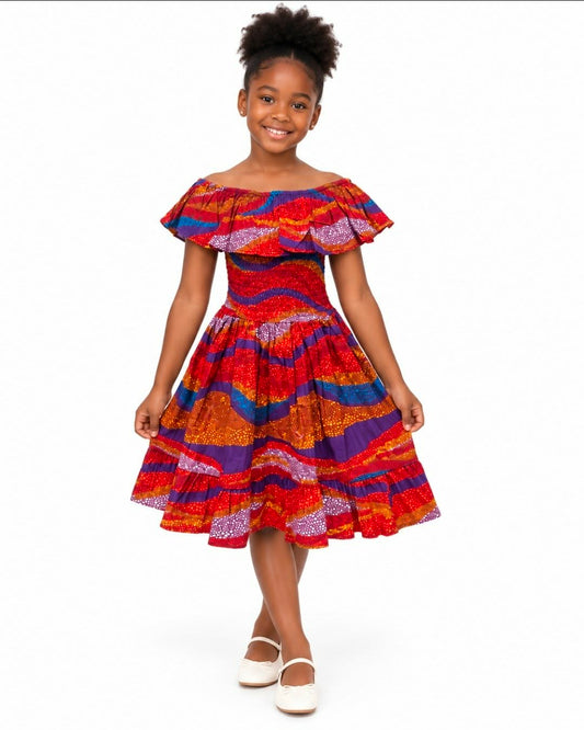 African Print Girls Off-Shoulder Ruffle Dress with Matching Headband – Multicolor