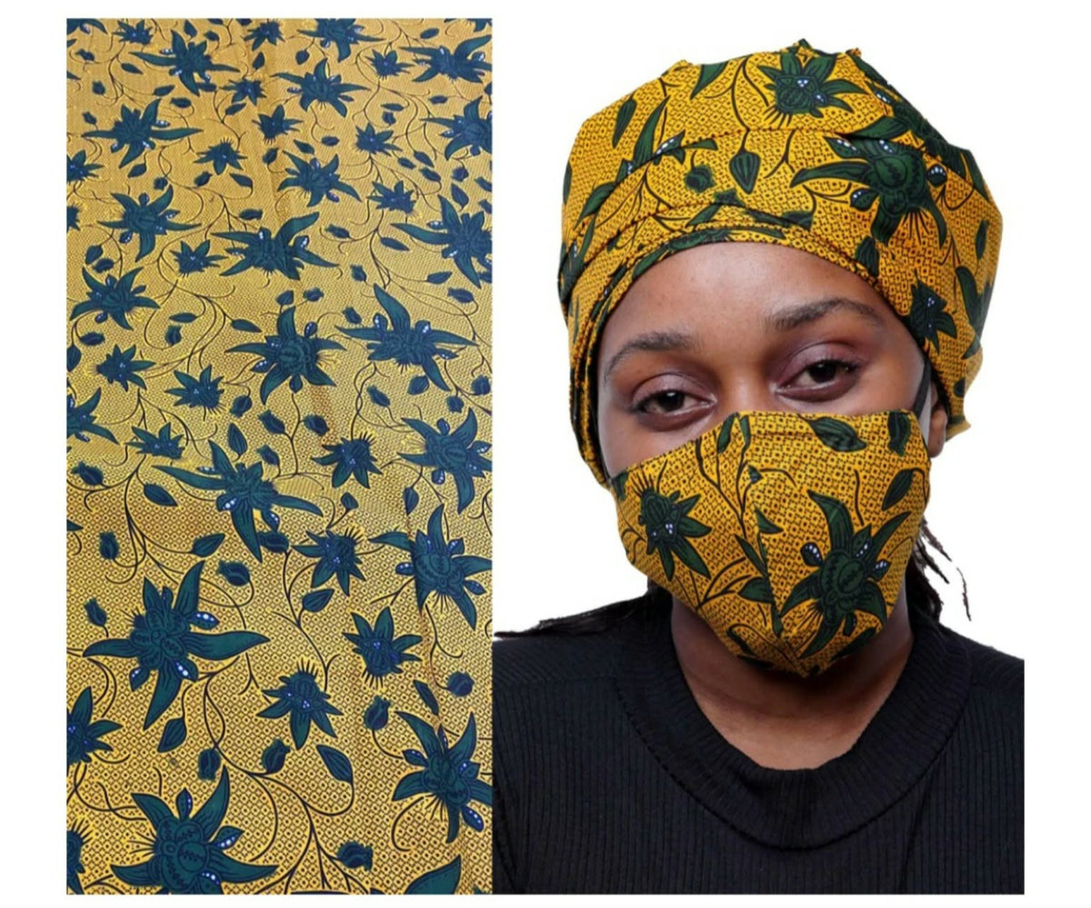 African Print Headtie Set with Matching Face Mask