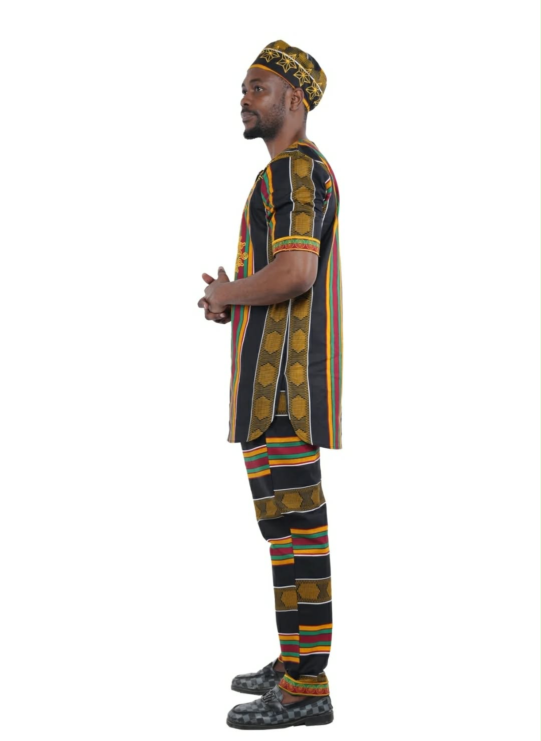 Men’s African Print 3-Piece Traditional Set – Black, Gold & Multicolor Stripe