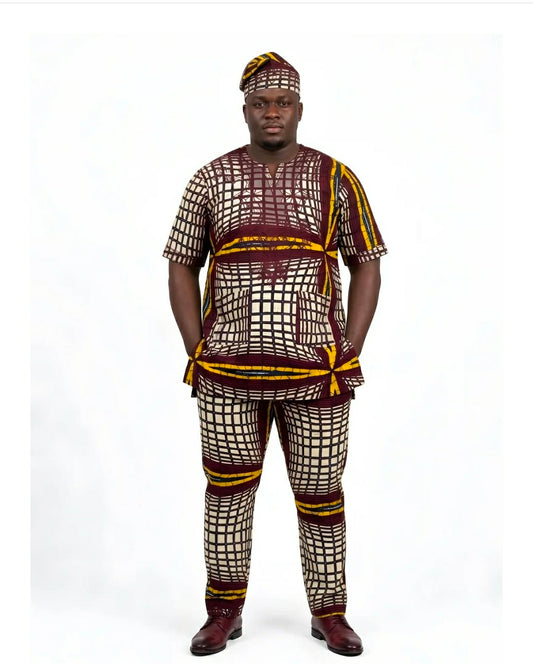 Men’s African Print 3-Piece Traditional Set –Burgundy, Cream & Gold