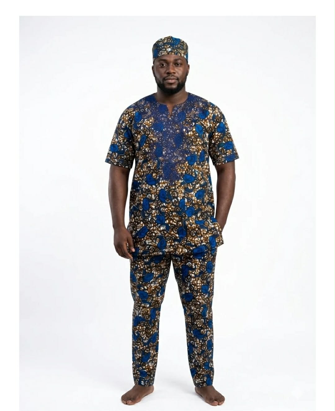 Men’s African Print 3-Piece Traditional Set –Royal Blue & Brown