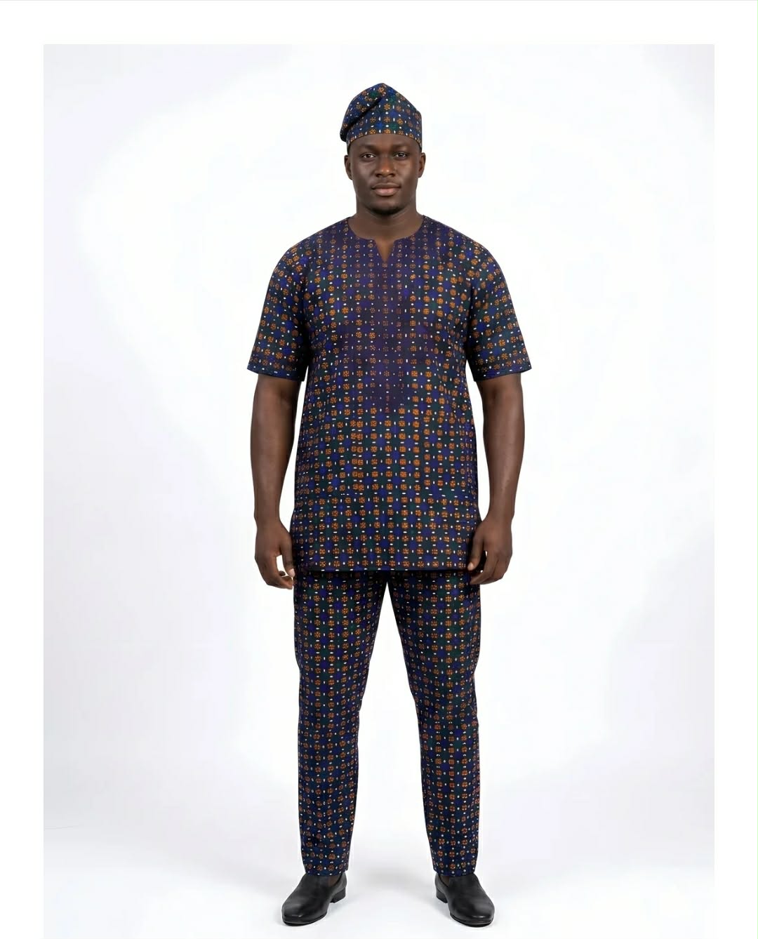 Men’s African Print 3-Piece Traditional Set – Navy Blue & Orange Print