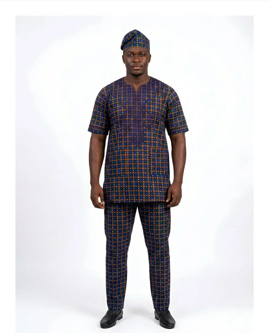 Men’s African Print 3-Piece Traditional Set – Navy Blue & Orange Print
