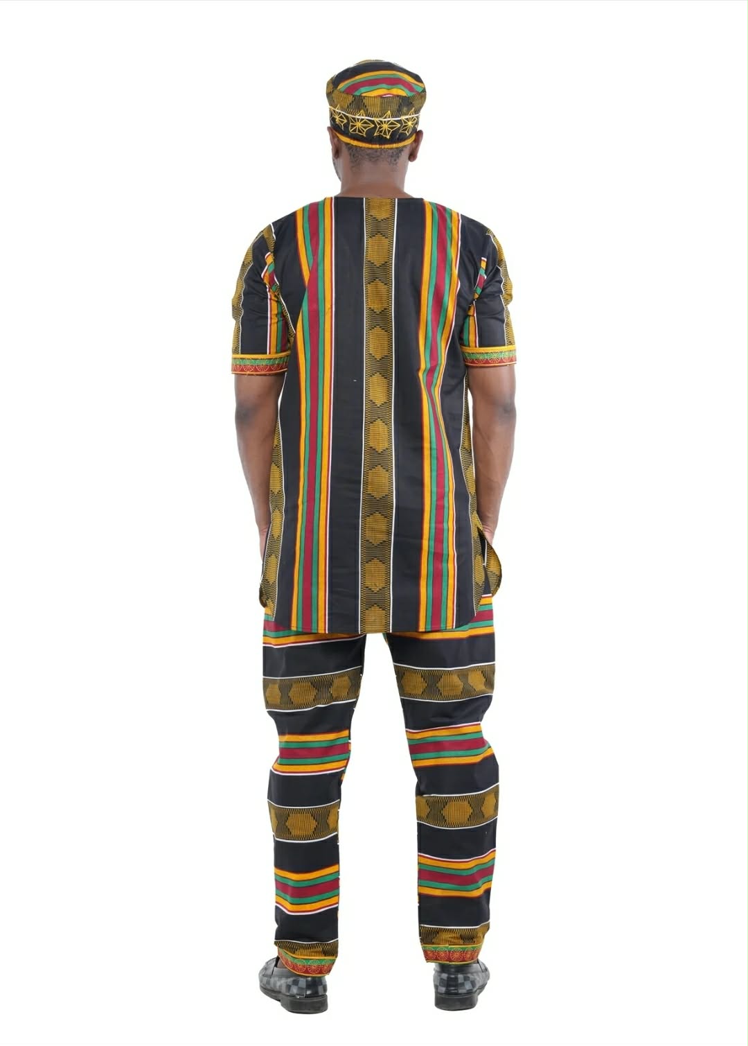 Men’s African Print 3-Piece Traditional Set – Black, Gold & Multicolor Stripe
